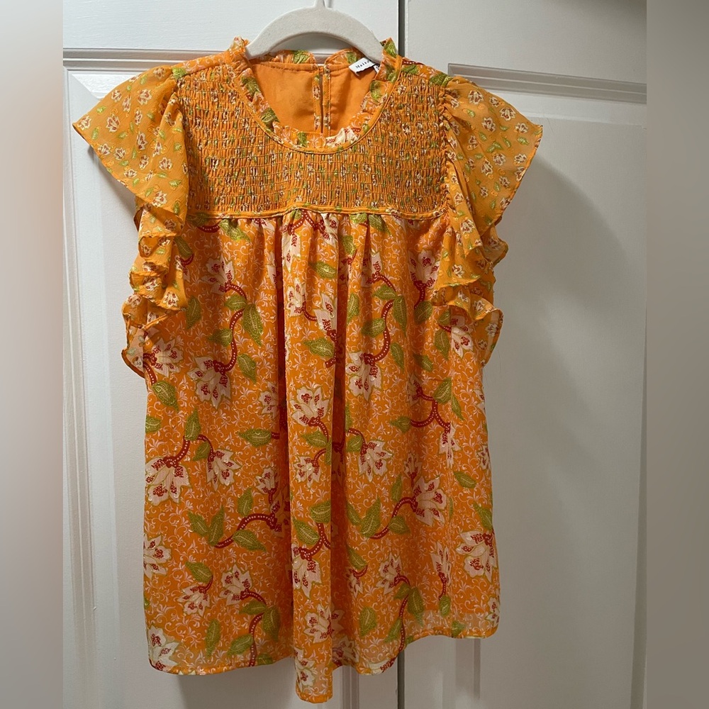 Maison d’Amélie Lined Sleeveless Blouse Shirt Small Orange Floral with Shimmer